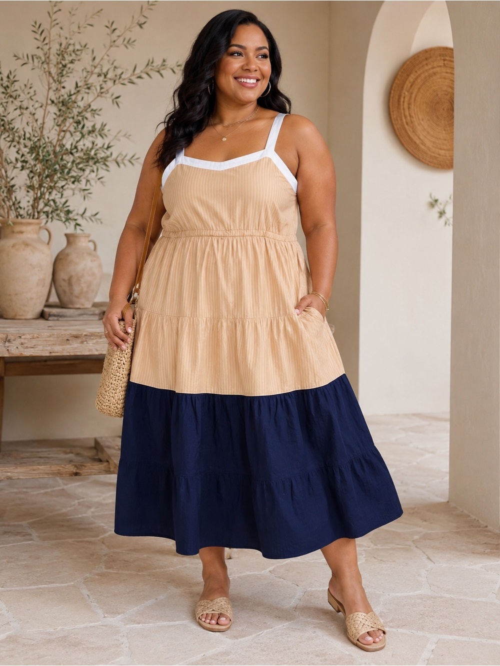 LANE BRYANT Midi Tan & Navy Cotton Casual Dress 24
